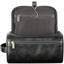 Neceser de Cuero para Hombre, Bolsa de Aseo de Piel con Gancho y Manija, Gran Capacidad y Impermeable, Organizador de Viaje de Baño con Múltiples Compartimentos para Artículos de Aseo. (Negro) - Negro - Ver 7