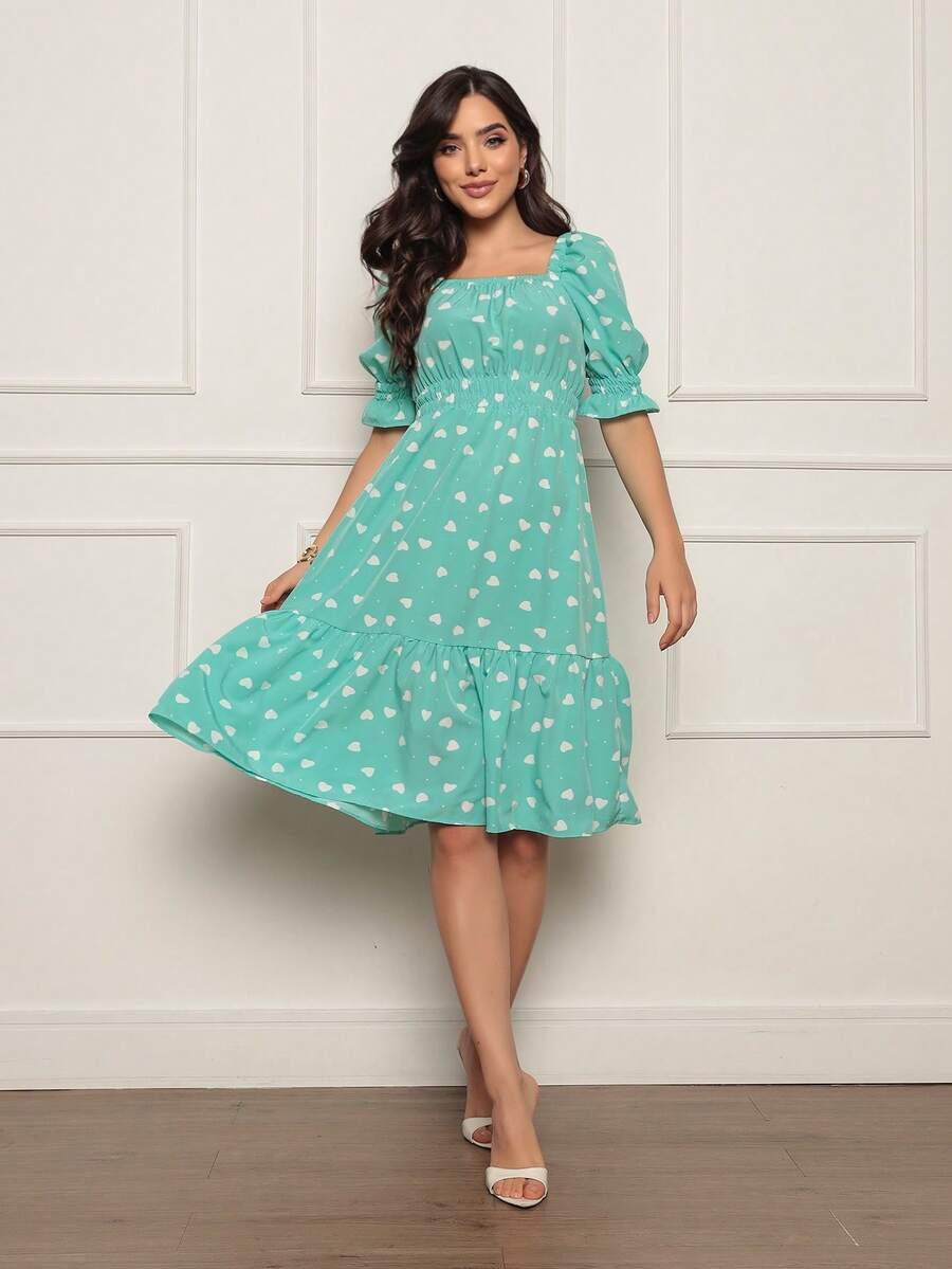 Women's Dress | Crepe With Elastec L Polka Dot L Flower I Shoulder To Shoulder. - Xanh nhạt - Xem 1