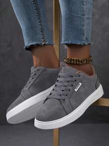 Women's Casual Sneakers, Fashion Streetwear White Shoes, Lightweight Skateboard Shoes - Dark Grey - View 3