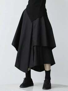 女士哥特风不对称短裙，松紧腰，优雅梭织面料，不对称设计，休闲日常约会款，春夏款 - 黑色 - 查看 3