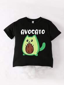 Young Girl Cute & Fashionable Cartoon Slogan Print Casual Round Neck T-Shirt For Summer - Black - View 3