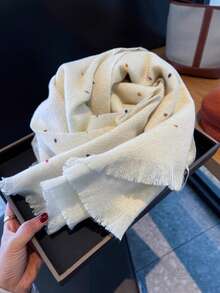 1 pezzo Sciarpa beige da donna, nuova sciarpa calda, sciarpa stile studente con frange e pois colorati, per il collo in inverno