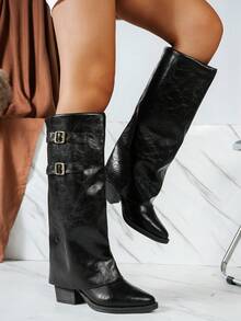 Nouvelles bottes de mode à semelle épaisse, talon épais, en matériau cuir avec boucle métallique décorative. Bottes multifonctionnelles confortables pour la randonnée, hautes, d'extérieur, à jambe évasée, plissées, convenant pour les festivals de musique et Halloween