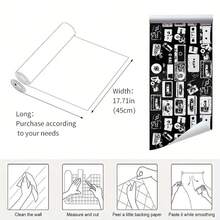 لفة من ورق الحائط اللاصق ذو النمط الرجعي الأسود والأبيض مع شريط فيديو مقاوم للماء قابل للتقشير، ورق حائط لاصق بنمط رجعي قابل للإزالة لديكور رف الكتب وخلفية الحائط بمقاس 17.7 بوصة * 39.3 بوصة/118.1/196.8/393.7 بوصة، قابل للاستخدام على مدار السنة