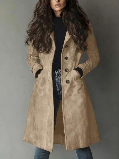 Women's Elegant Vintage Commuter Jacket, Classic Notched Collar Belt Daily Windbreaker Jacket, Ladies' Faux Suede Fleece Windbreaker Coat
