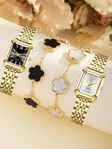 4pcs Set, Women's Watch, Fashionable Luxury Minimalist Women's Watch, Paired With Black & White Floral Design Bracelet, Alloy Material, Suitable For Daily Wear, Women's Watch & Bracelet Set, Gift For Girlfriend