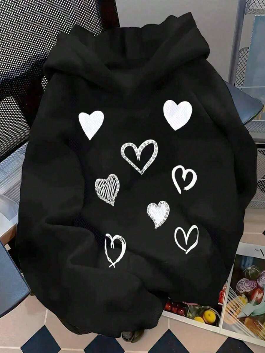 Sudadera hoodie sweatshirt dama mujer gorro capucha manga larga estampado corazones imitación diamante perla otoño invierno - Negro - Ver 1