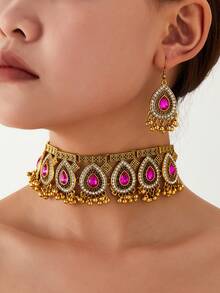 Vintage Exotic Bohemian Palace Style Rhinestone Tassel Pendant Earrings Set, Luxurious Fashion High-End Bridal Wedding Party Necklace Earrings 3-Piece Set - Ancient Gold 8-piece Water Drop Set - View 4