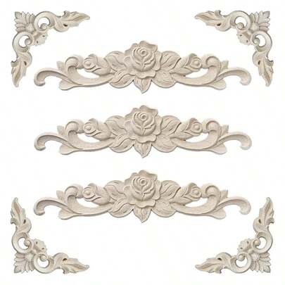 7 pezzi Decorazioni in legno intagliate vintage, materiale in legno grezzo - include modanature decorative, rose, adatte per decorare armadi, porte, mobili, pareti, per Natale, Ognissanti, Ringraziamento, San Valentino, decorazioni fai-da-te