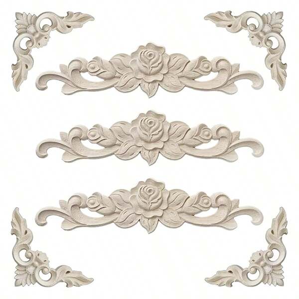 7pcs Vintage Wooden Carved Decorative Pieces, Unfinished Wood Material - Includes Decorative Moldings, Roses, Suitable For Decorating Cabinets, Doors, Furniture, Walls, For Christmas, Halloween, Thanksgiving, Valentine's Day, DIY Decor