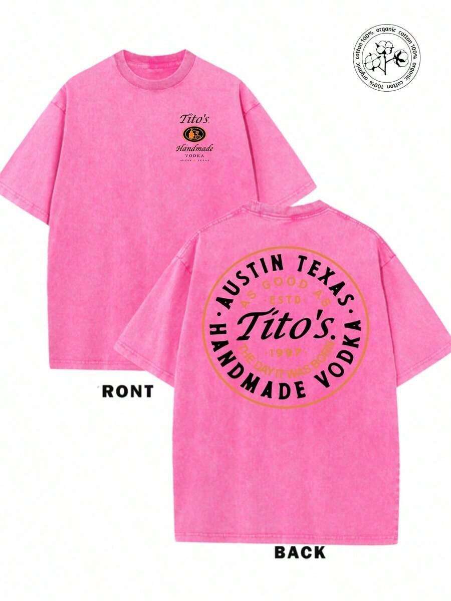 1pc230g Washed And Used T-Shirt, Front Tito's Handmade Vodka Logo, Back With "AUSTIN TEXAS Tito's HANDMADE Vodka" Circular Text And Brand Logo, Tito's Vodka Theme Graphic Tee Mens Clothes - Màu Hồng Tươi - Xem 1