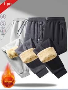 1pc Men's Thickened Fleece Outdoor Hiking Sports Casual Drawstring Pants, Autumn/Winter - Grey - View 8