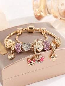 1 件 7.09+1.97 英寸圣诞节 DIY 锌合金手链适合男女情侣佩戴爱心皇冠小狗吊坠带水钻挂珠珠宝手链 - 彩色 - 查看 6