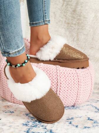 Women's High-Top Thick-Soled Fuzzy Slide Slippers, Indoor/Outdoor Anti- Quiet Plush Lined Warm Fashion Rhinestone House Slippers, Autumn/Winter