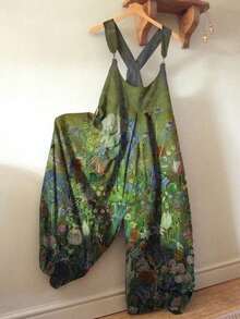 Women's Retro Rock Print Jumpsuit - Loose Dropped Shoulders, Adjustable Cross Straps And Exposed Waist, Lightweight Stretch Fabric Suitable For Music Festivals, Art Exhibitions And Everyday Wear, Artistic Style Short And Slim, Comfortable And Slim Fit - 綠色 - 查看 2