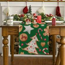 1 buc. Față de masă din turtă dulce cu brad de Crăciun, model drăguț de bomboane, fața de masă din material asemănător inului, decor de Crăciun și sărbători de iarnă, accesoriu pentru petrecere și masă, decor de masă în stil rustic, potrivit pentru bucătărie, masă de sufragerie, măsuță de cafea, dulap, petrecere, nuntă, decorațiuni de sărbători