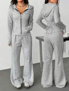 2 piezas Conjunto de sudadera con capucha para mujer con cremallera de color contrastante y cintura ceñida - Gris - Ver 1