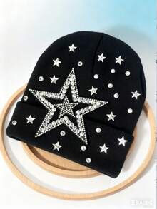 1 pieza Gorro de punto con strass de acrílico brillante, estilo urbano, unisex para otoño/invierno