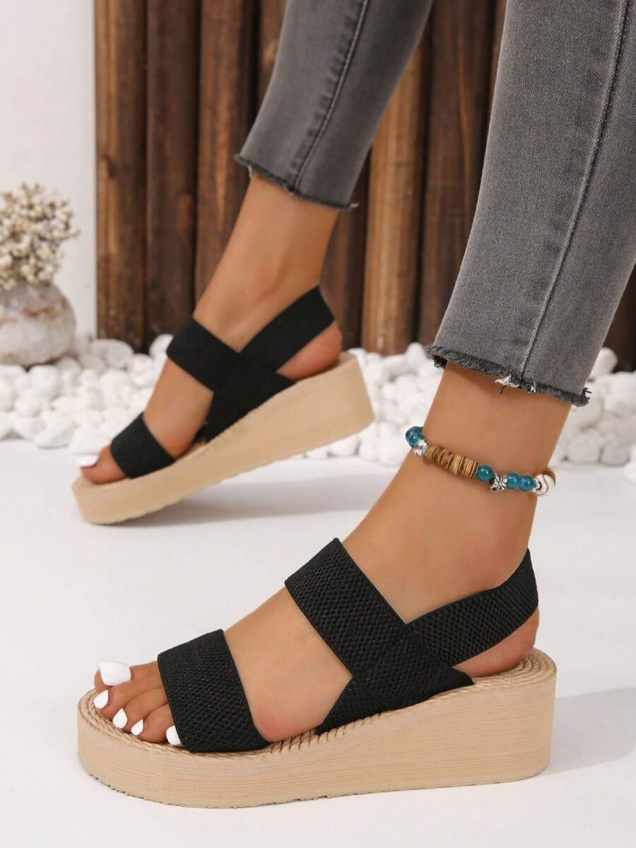 Women's Simple Double Strap Wedge Thick Sole Sandals, Black Flat Sandals, Fashion Wedge Outdoor Beach Holiday Wear - Black - View 1