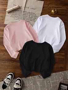 3 件套女童休闲印花圆领长袖 T 恤，秋季学生小童上衣 - 引人注目的 T 恤一定会让孩子们露出笑容 - 粉色 - 查看 8