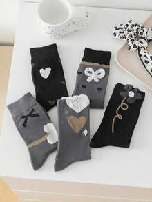 5 双女士中筒袜，简约蝴蝶结心形图案，成人和学生袜，适合所有人，所有季节 - 彩色 - 查看 5