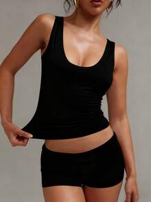 XLLAIS Women's Solid Color Casual Versatile Double-Layer Yoga High Elasticity Sexy U-Neck Sleeveless Black Tank Top, Summer, Athleisure - Black - View 2