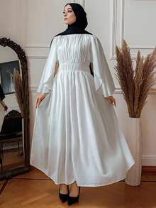 DAZY Solid Color Stand Collar Pleated Ruffle Sleeve Mid-Calf Dress For Women Modest Fashion - White - View 7