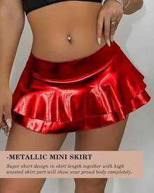 Women's Metallic PU Leather Mini Skirt - Ultra Short High Waisted Stretchy Clubwear Sexy Party Outfit - 紅色 - 查看 4