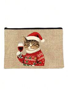 Cute Christmas Cat Holding A Red Wine Cosmetic Bag - A Cat Wearing A Christmas Hat And A Flowery Coat, A Multifunctional Storage Bag With Exquisite Printing And Unique Design, Suitable For Digital Bags, Hairdressing Bags, Swimming Bags,Bedroom Room Decor,Back To School - Multicolor - View 15