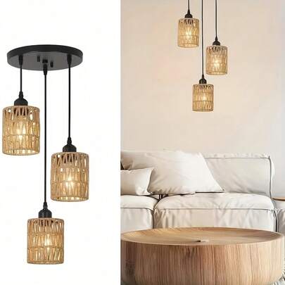 Luminária pendente de vime com 3 pontas, abajur tecido à mão, decoração moderna em estilo fazenda, soquete E27, adequada para sala de jantar, ilha de cozinha, sala de estar, quarto, estilo boho, lâmpada não incluída