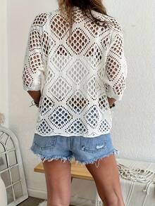 1pc Solid Color Knitted Hollow Out Plus Size Women Dress, Suitable For Daily Wear And Festivals, Spring/Autumn Vacation - White - View 2