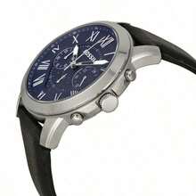 Fossil Reloj cronógrafo Fossil Grant para hombres - Esfera azul de 44 mm con números romanos, correa de cuero negro, resistente al agua 50M, reloj de vestir de estilo vintage para eventos formales y uso diario FS4990