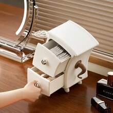 Cute White And Brown Storage Box With Round Door And Hinged Lid - Compact Storage Box, Golden Knob, Plastic Desktop Organizer Box For Home Office, Vanity, And School - Multifunctional Decorative Storage Box, Space-Saving Design With 2 Drawers And Sturdy Legs, Ideal Desktop Organizer For Desk Or Vanity, Keeps Desk Tidy - Multicolor - View 3