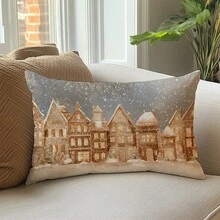 1pc Christmas Retro Town Street Snow Landscape Cushion Cover, Single-Sided Printed Peach Velvet Material, 30*50cm/40*60cm Pillow Case Suitable For Christmas Winter Room Decor, Modern Minimalist Sofa Living Room Decor, Party Decor, Gift