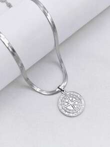 1 件 18K 镀金不锈钢维京指南针吊坠项链，金属硬币徽章时尚男女通用嘻哈刀片链配饰 - 彩色 - 查看 3