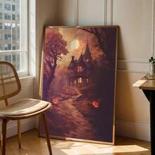 1pc Scary Halloween Canvas Art - Pumpkin And Poster, Gothic Vintage Wall Decor, Retro Yard And Church Tombstone Design, Unframed, Suitable For Home Decor, Room Decor, Bedroom Decor, Living Room Decoration, Bathroom Decor - Halloween Autumn Wall Decor, Optional Wall Art With Frame