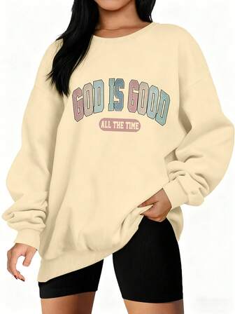 Plus Size Loose Casual GOD IS GOOD ALL THE TIME Graphic Sweatshirt |Winter,New Year,Office Outfits For Women,Christmas Outfit,Fall Clothes For Women,Women Tops,New Years Women Outfit,Coat,Plus Size Christmas Outfits For Women,Going Out Outfits,Long Sleeve,Going Out Tops