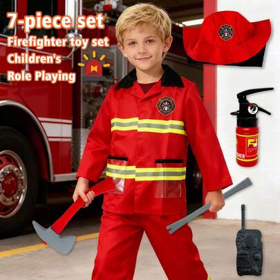 7pcs/Set Kids Firefighter Costume Playset, Includes Firefighter Hat, Uniform, Pants And Firefighter Toys, Role Play Dress Up Toys For Party, Performance, Birthday, Holiday, Christmas Gift