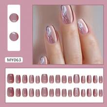24pcs Metallic Rose Gold Press On Nails, Short Oval Glossy Fake Nails, Mirror Chrome Effect Full Cover Artificial Finger Nails For Women & Girls - MY063 - Xem 3