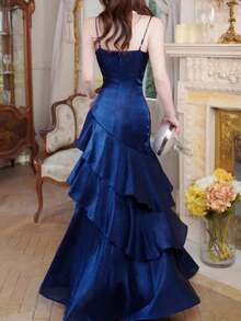女士优雅别致蓝色舞会礼服，复古派对晚宴正式礼服，吊带修身显瘦设计，适合生日、婚礼、宾客、舞会、海滩度假等场合。 - 藏蓝色 - 查看 3