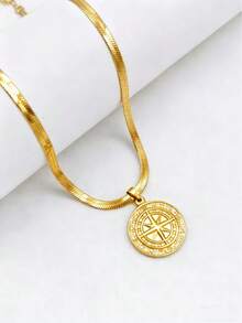 1 件 18K 镀金不锈钢维京指南针吊坠项链，金属硬币徽章时尚男女通用嘻哈刀片链配饰 - 彩色 - 查看 2