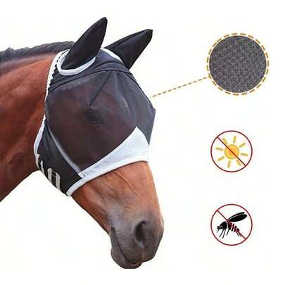 1x Máscara Anti-Moscas para Caballo con Protección UV, Material Transpirable y Resistente, Diseño Ergonómico Ajustable, Malla Fina de Alta Visibilidad, Almohadilla de Lana Suave, Ideal para Equitación, Entrenamiento, Paseos al Aire Libre, Protección Facial para Todo Tipo de Caballos