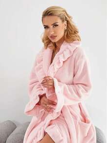 Pajama Dress - Velvet Bathrobe - Feather Robe, Women's Ultra Soft Ruffle Ankle-Length Fleece Robe Thickened Ruffle Trim Fashion Sleepwear Robes With Side Pockets, Soft Warm Long Bathrobe, Plush Spa Robes Lounge Robe House Coats Sleepwear With Pockets, Christmas Gift - Multicolor - View 8
