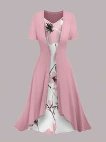 Plus Size Vintage Flower Print Slip Dress With Solid Color Cardigan Set, Elegant Style For Spring/Summer - Baby Pink - View 2