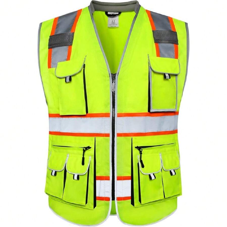 10 Pocket Class 2 High Visibility Zipper Front Yellow  Vest With High Reflective Strips - Meets ANSI/ISEA Standards (Large),24200193 - 芥末黃 - 查看 1