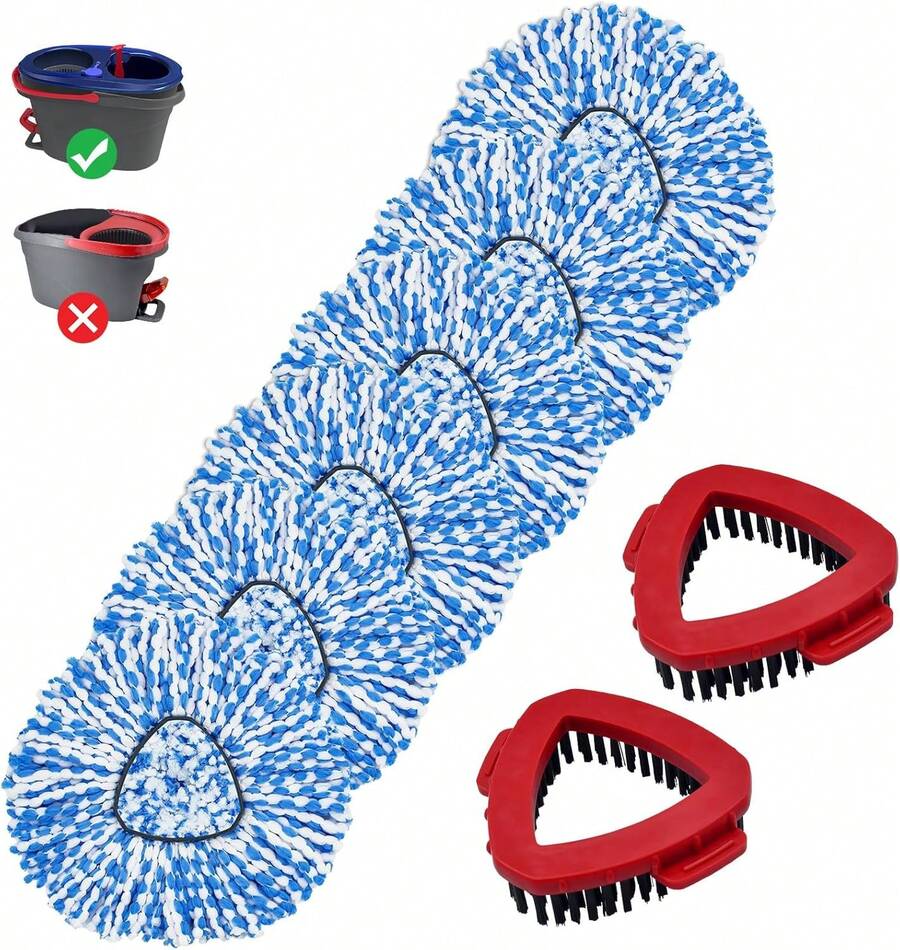 Mop Head Replacement Compatiable With Ocedar RinseClean 2-Tank System, Mircofiber Mop Heads Refill And Scrub Brush For O Cedar Rinseclean Spin Mop, 6 Pack Mop Refills & 2 Scrub Head For Floor Cleaning - 6 件套藍色刷頭,底座和刷子 - 查看 1