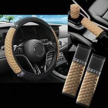 5pcs Car Interior Accessories Set - Steering Wheel Cover, Gear Shift Knob Cover, Seat Belt Shoulder Pad, Rhinestone & PU Leather Patchwork, Fits 14.5-15 Inch Steering Wheel, Universal Car Decor