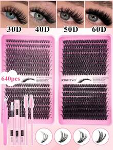 640/608 piezas Conjunto de libro de pestañas con capacidad grande y rizado DD, pestañas con mechones 10D+20D+30D+40D/30D+40D+50D+60D/50D+60D+80D+100D, múltiples combinaciones diferentes, mechones de pestañas de 10-16 mm, naturales y suaves. El conjunto incluye pegamento para pestañas, bonding y sellado, pinzas y brochas de rímel, adecuado para el kit de racimos de pestañas delgadas, pestañas postizas.