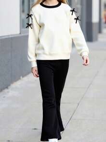 Girls' Bowknot Ribbon Design Long Sleeve Top And Slim Fit Solid Color Pants 2 Pieces Set, Sweet & Cute, Suitable For Spring & Autumn - White - View 6