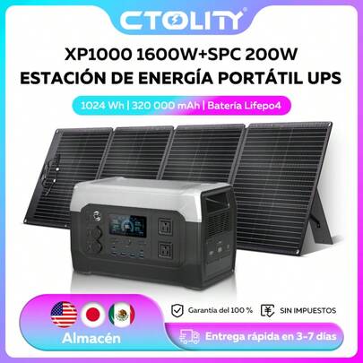 Estación de energía portátil CTOLITY XP1000 con panel solar de 200 W y 20 V, batería LiFePO4 de 1024 Wh, generador de energía solar de 1600 W y 320 000 mAh para acampar al aire libre en casa.